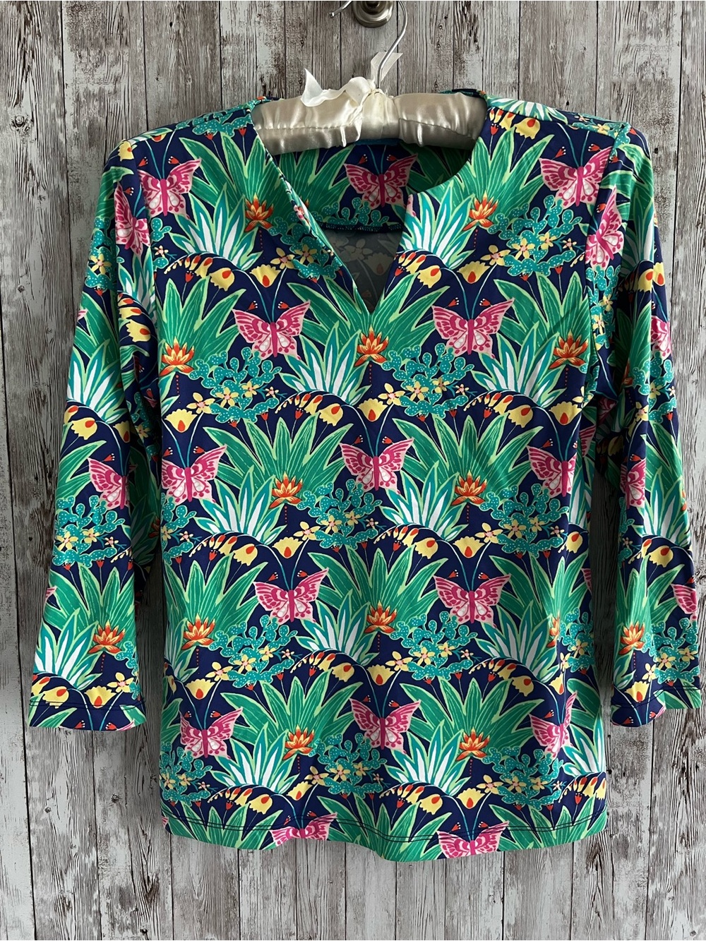 J. McLaughlin Navy Tropical Butterfly Print Stretchy 3/4 sleeve top XS